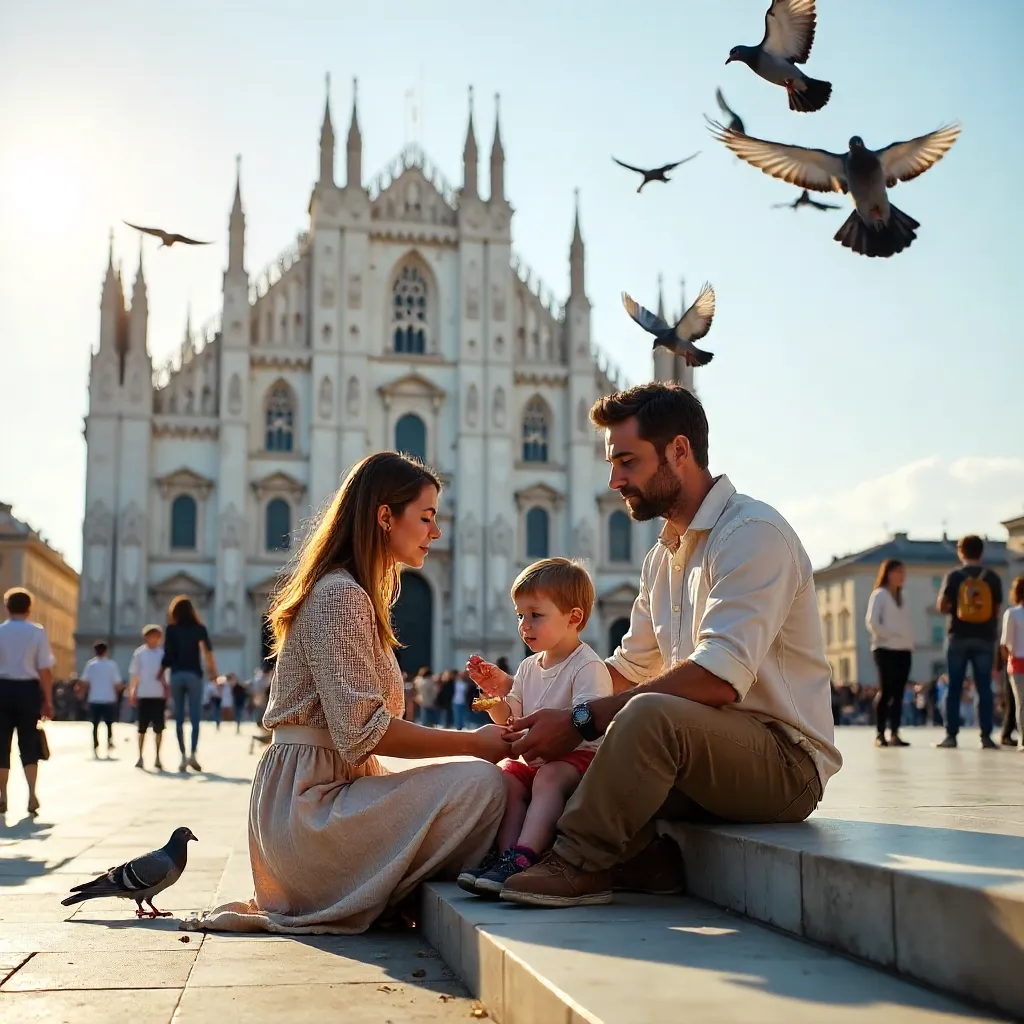 Family feeding pigeons by Milan Cathedral