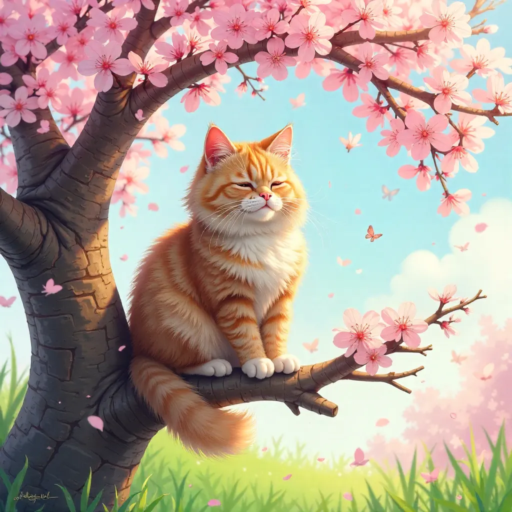 Cozy Cat in a Blooming Spring Tree