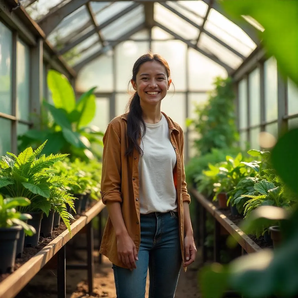 Cheerful Person in a Lush Greenhouse