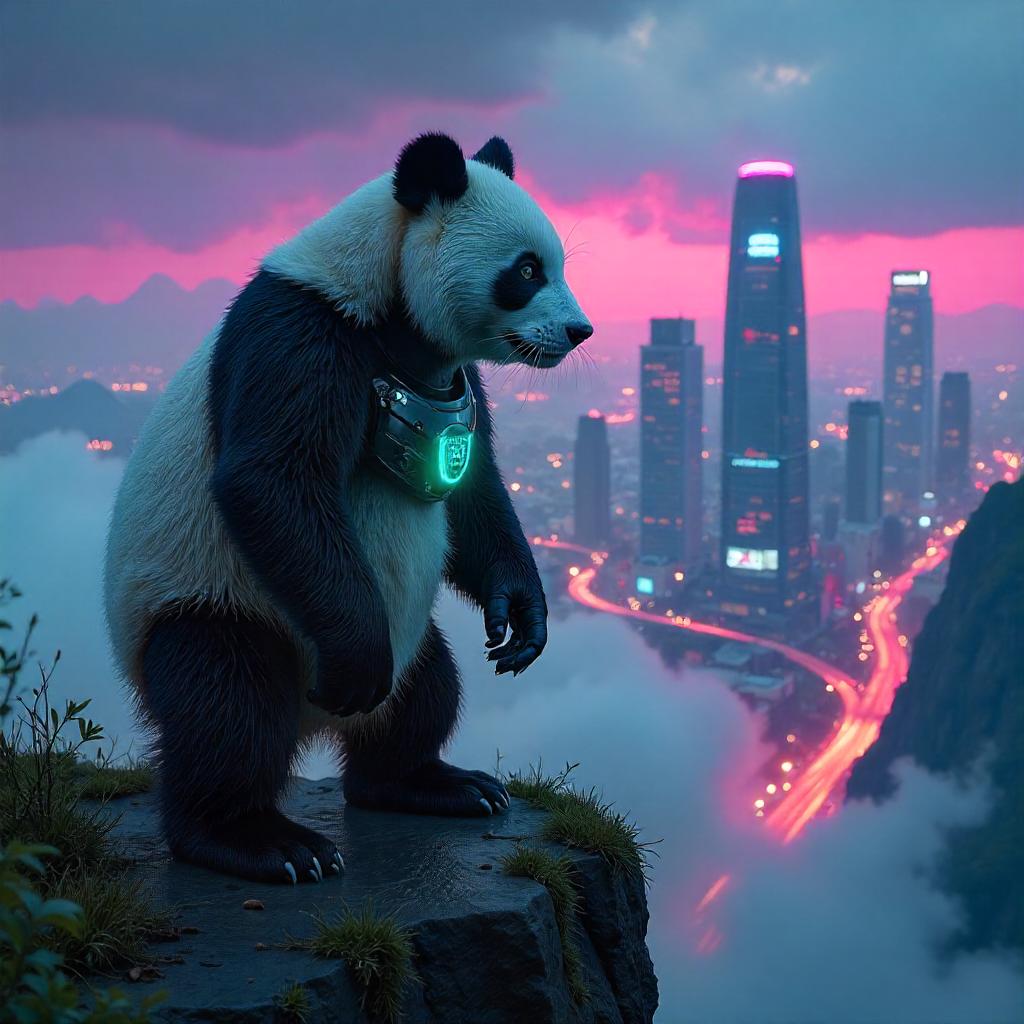 Panda on a Neon Cliff: A Cyberpunk Vista