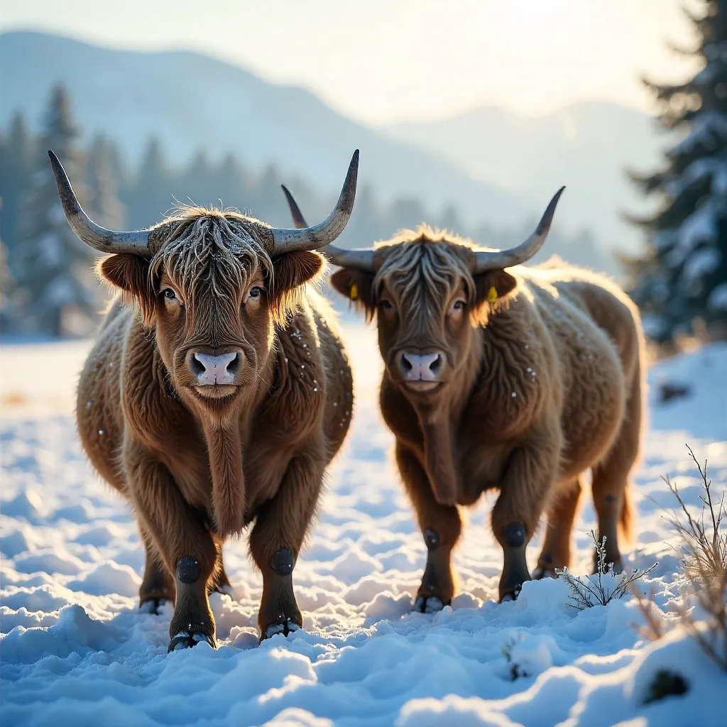 Scottish Highland Cattle in Snowy Field with Curved Horns