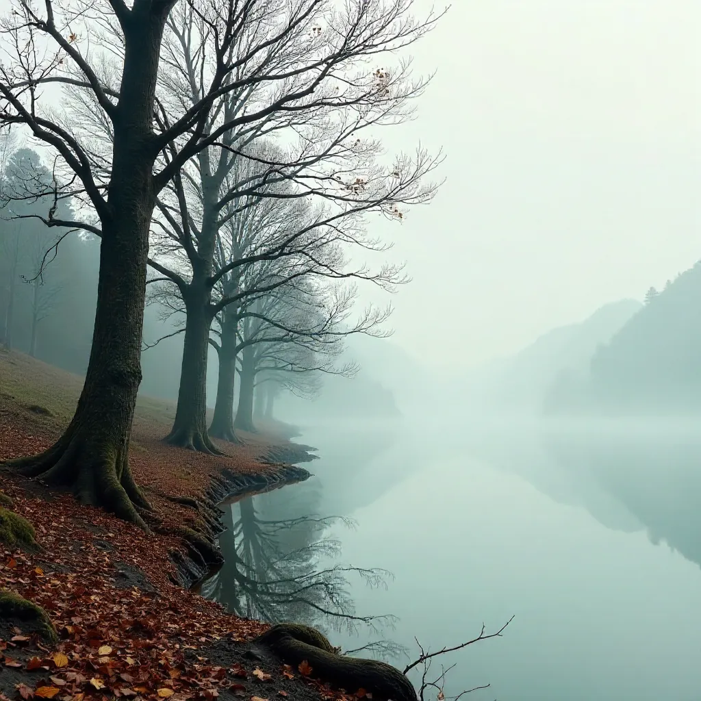 Serene Foggy Autumn Landscape with Bare Trees