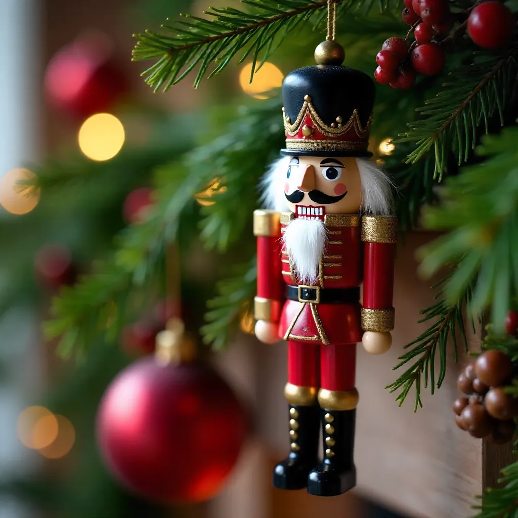 Nutcracker Ornament Amid Festive Greens for Christmas