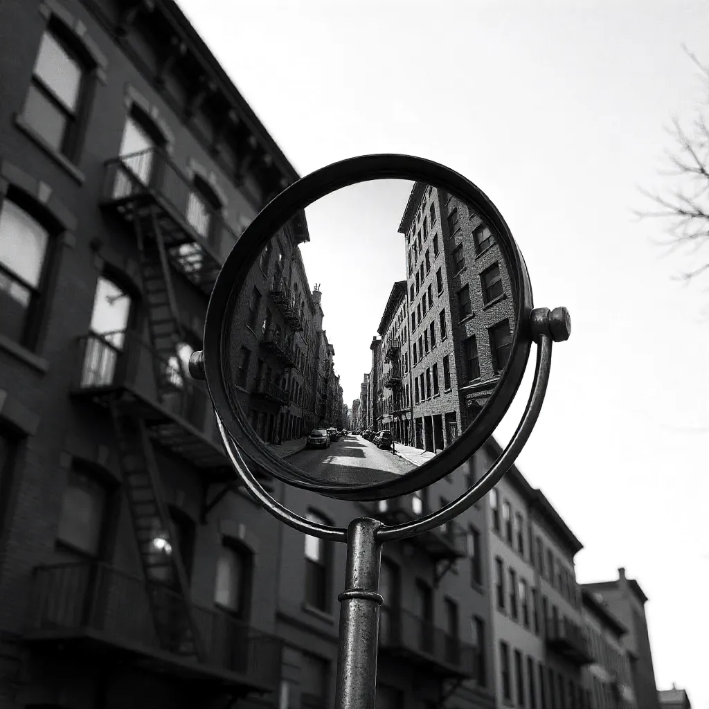 Mirrored City: Convex Reflections in Black and White