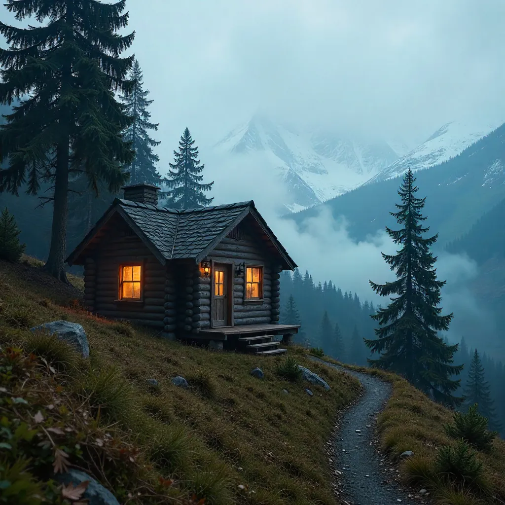 Lonely hillside cabin shrouded in mist among pines and mountains