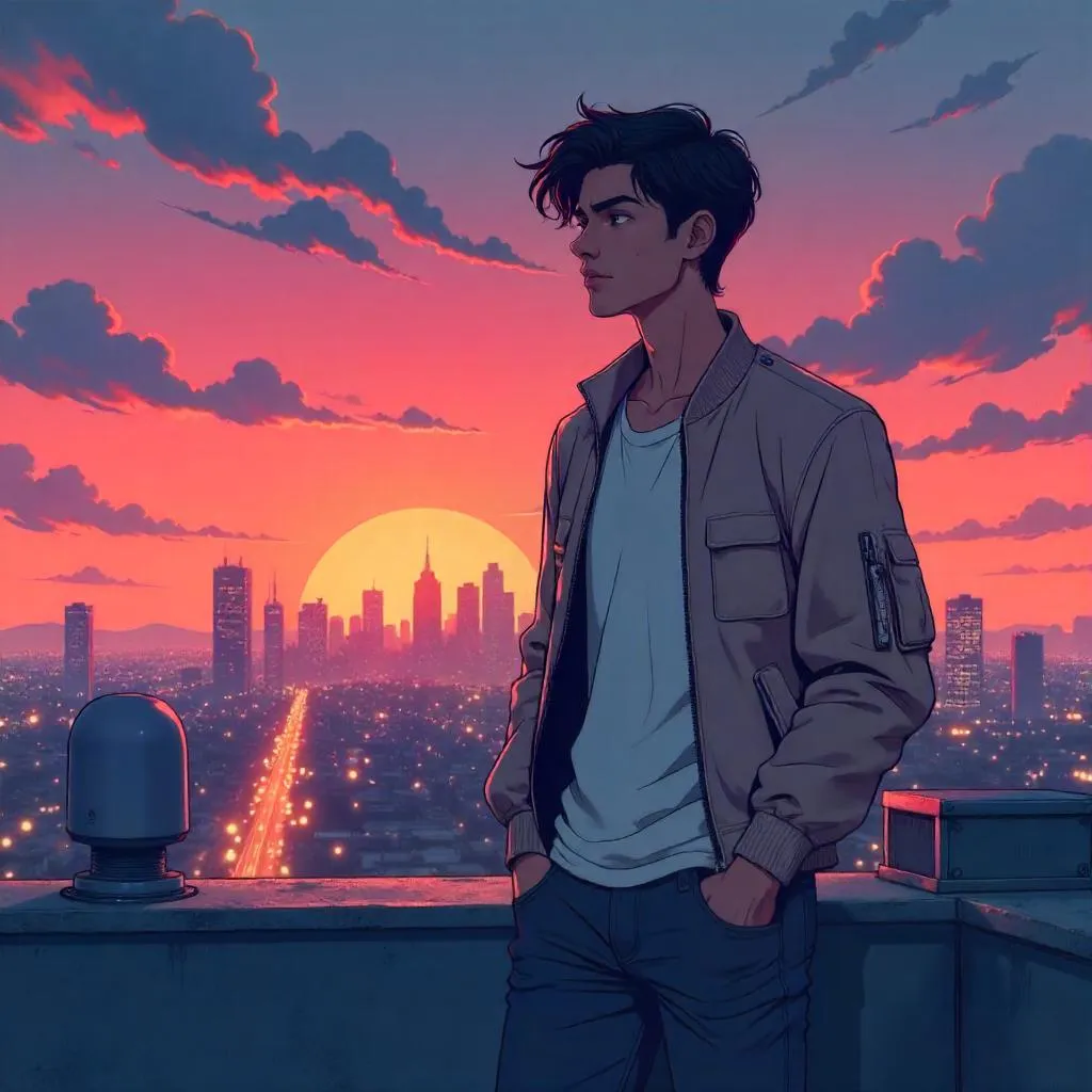 Rooftop Reverie: Anime-Style Young Middle Eastern Man