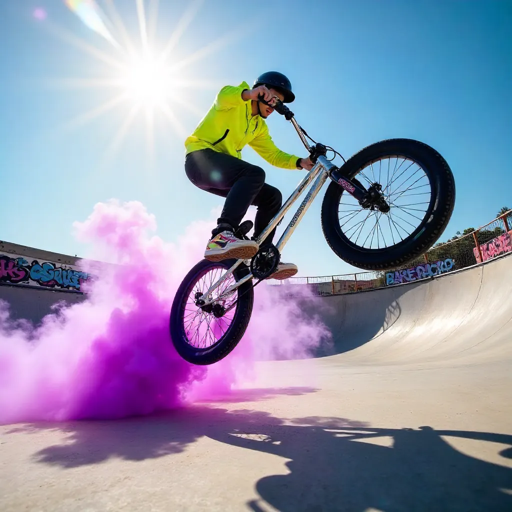 Purple Smoke BMX Stunt in Sunny Skatepark