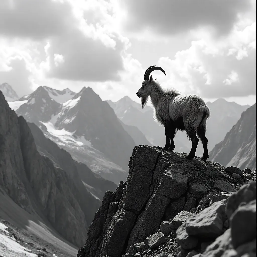 Monochrome Alpine Goat on a Jagged Peak