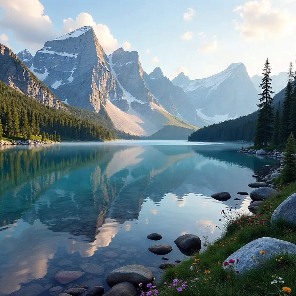 Glacier Serenity: Mountain Lake Under a Serene Sky