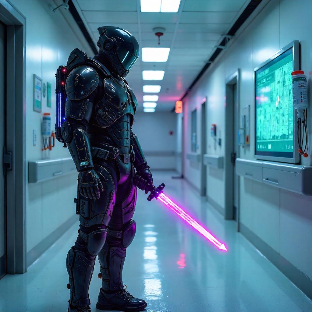 Neon Cyber Warrior in a Hospital Corridor
