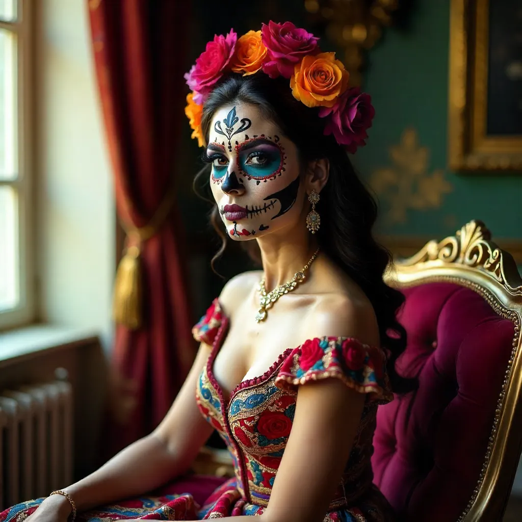 Elegantly Adorned Day of the Dead Portrait Indoors