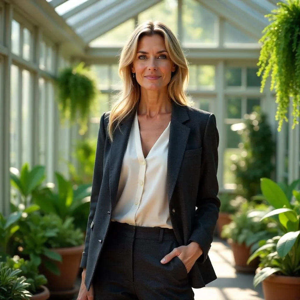 Confident White Woman in a Sunlit Conservatory
