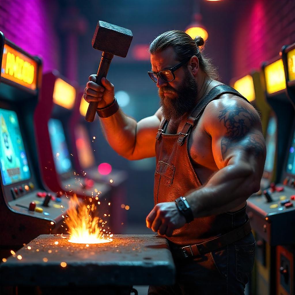 Neon Arcade Forge: A Photorealistic Blacksmith