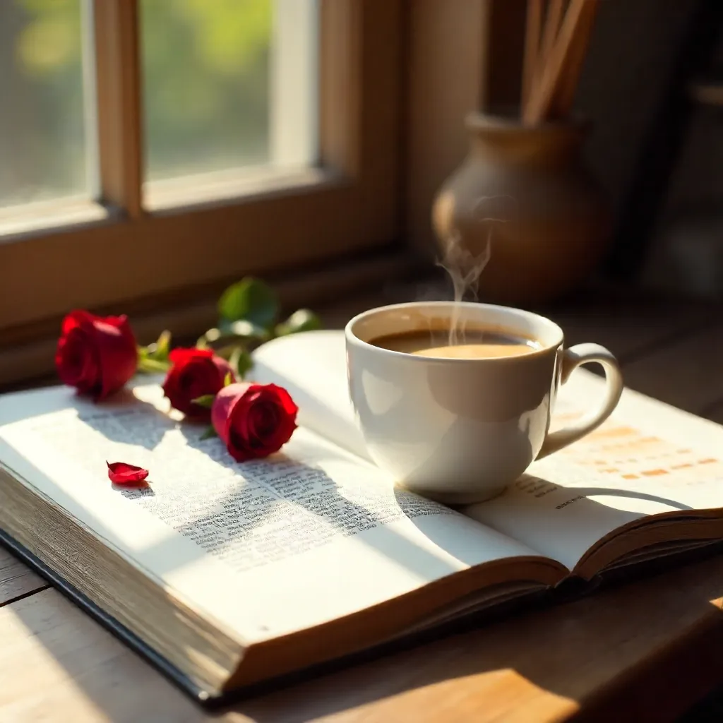 Cozy Coffee and Red Flowers on a Design Book