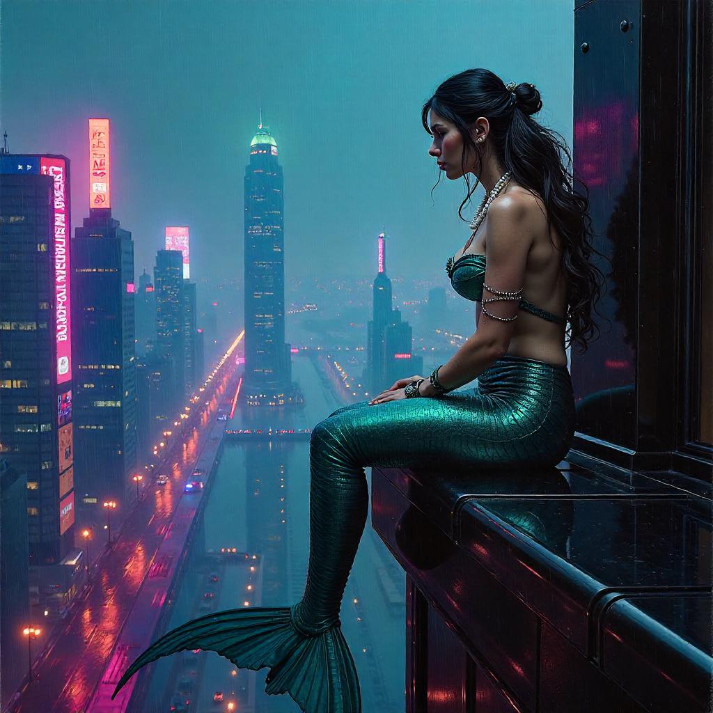 Neon Siren: An Oil Painting in a Futuristic City