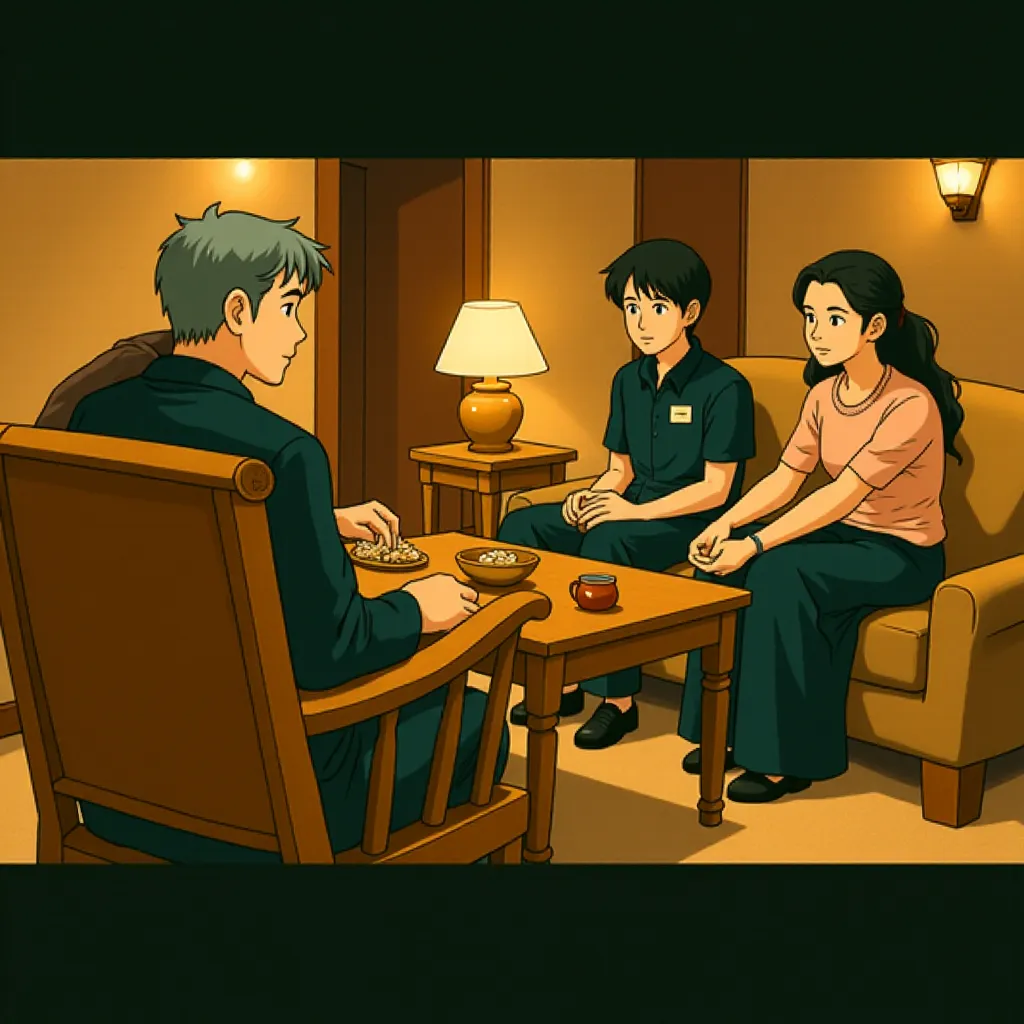 Hugh Grant, Chloe East, and Sophie Thatcher in Heretic (2024) - Ghibli style