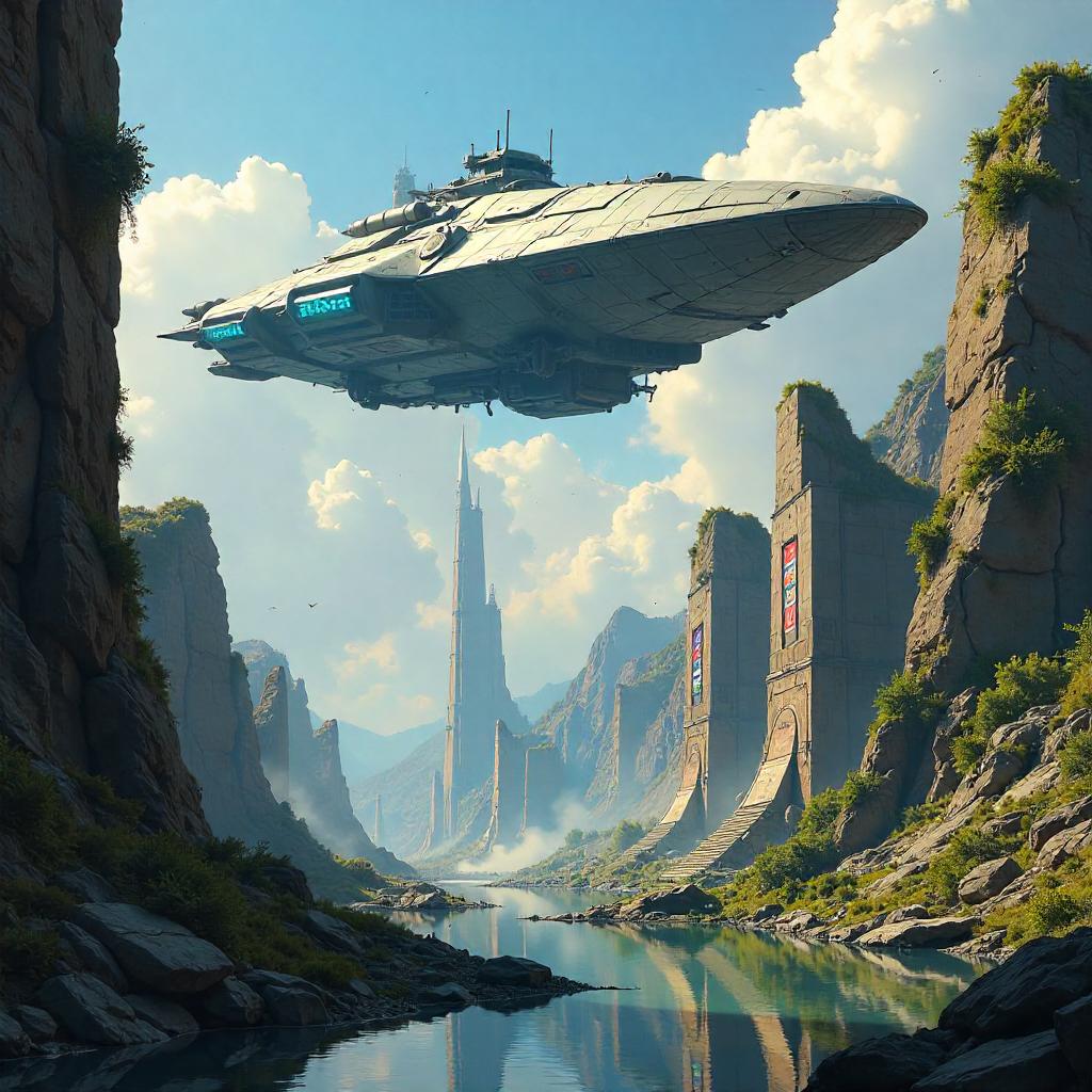 Spaceship Over Neon-Lost City Ruins