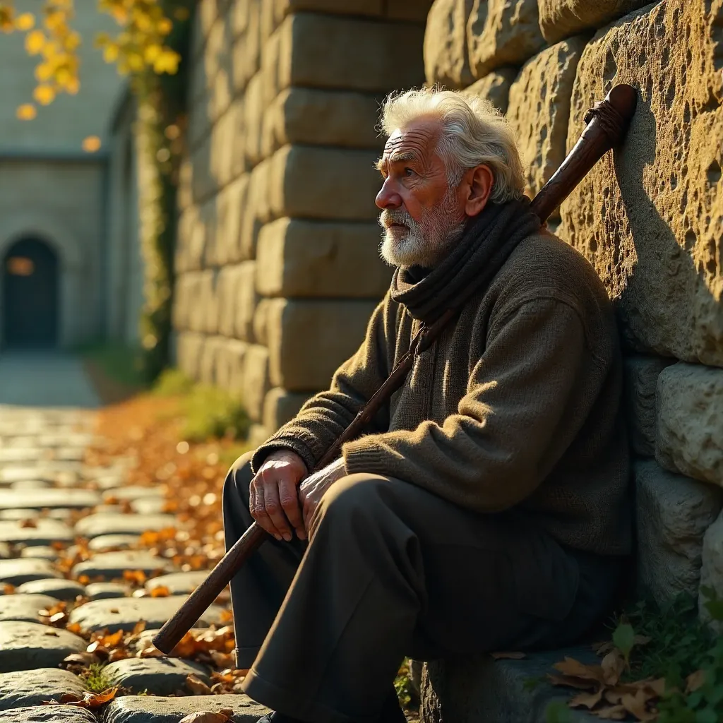 An Elderly Man Reflecting by a Stone Wall