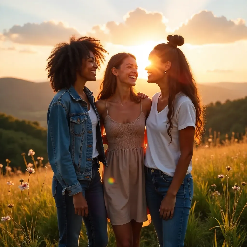 Golden Hour Trio: Three Friends in Backlit Joy