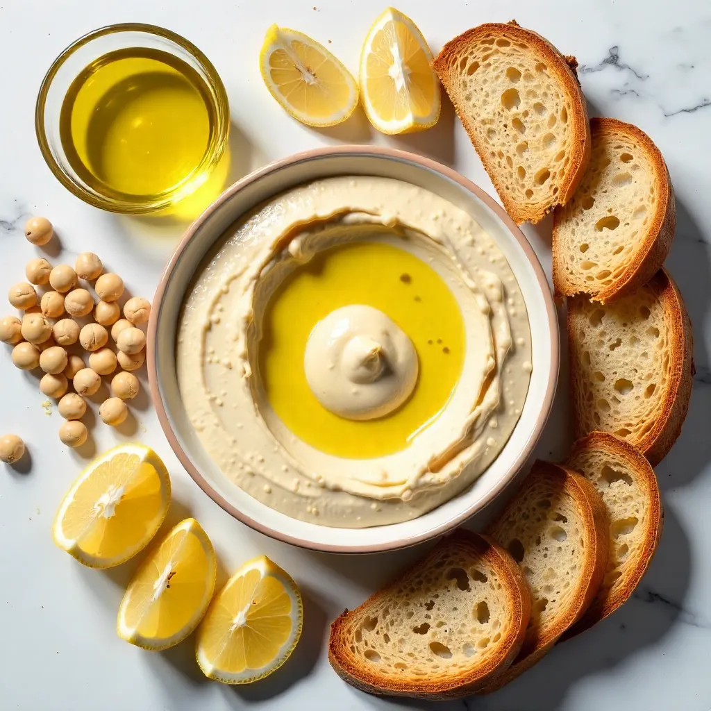 Flat Lay: Hummus, Chickpeas, and Bread Spread