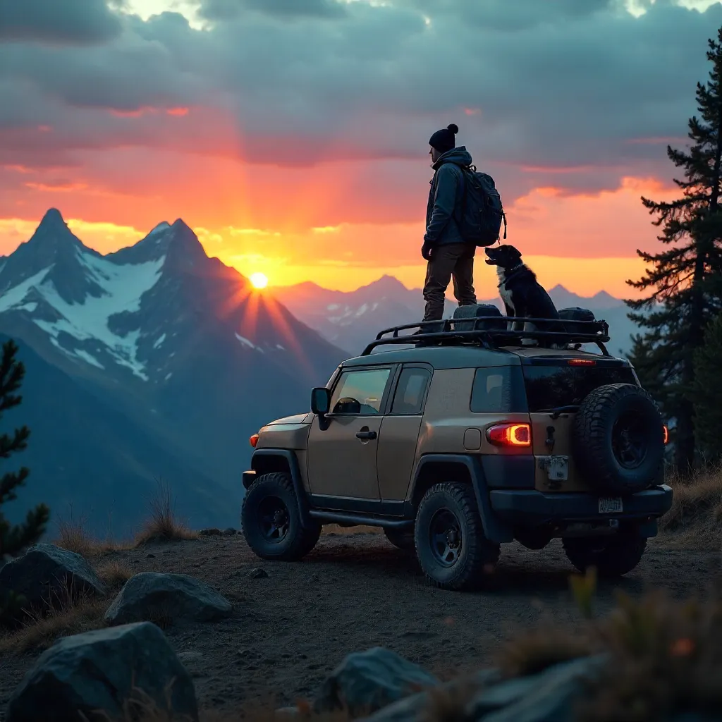 Twilight Ridge Adventure: SUV, Person, and Dog
