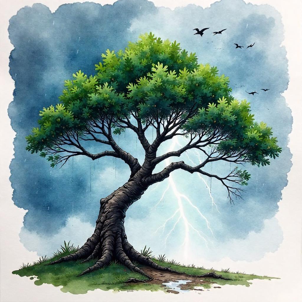 Watercolor Tree Amid a Thunderstorm