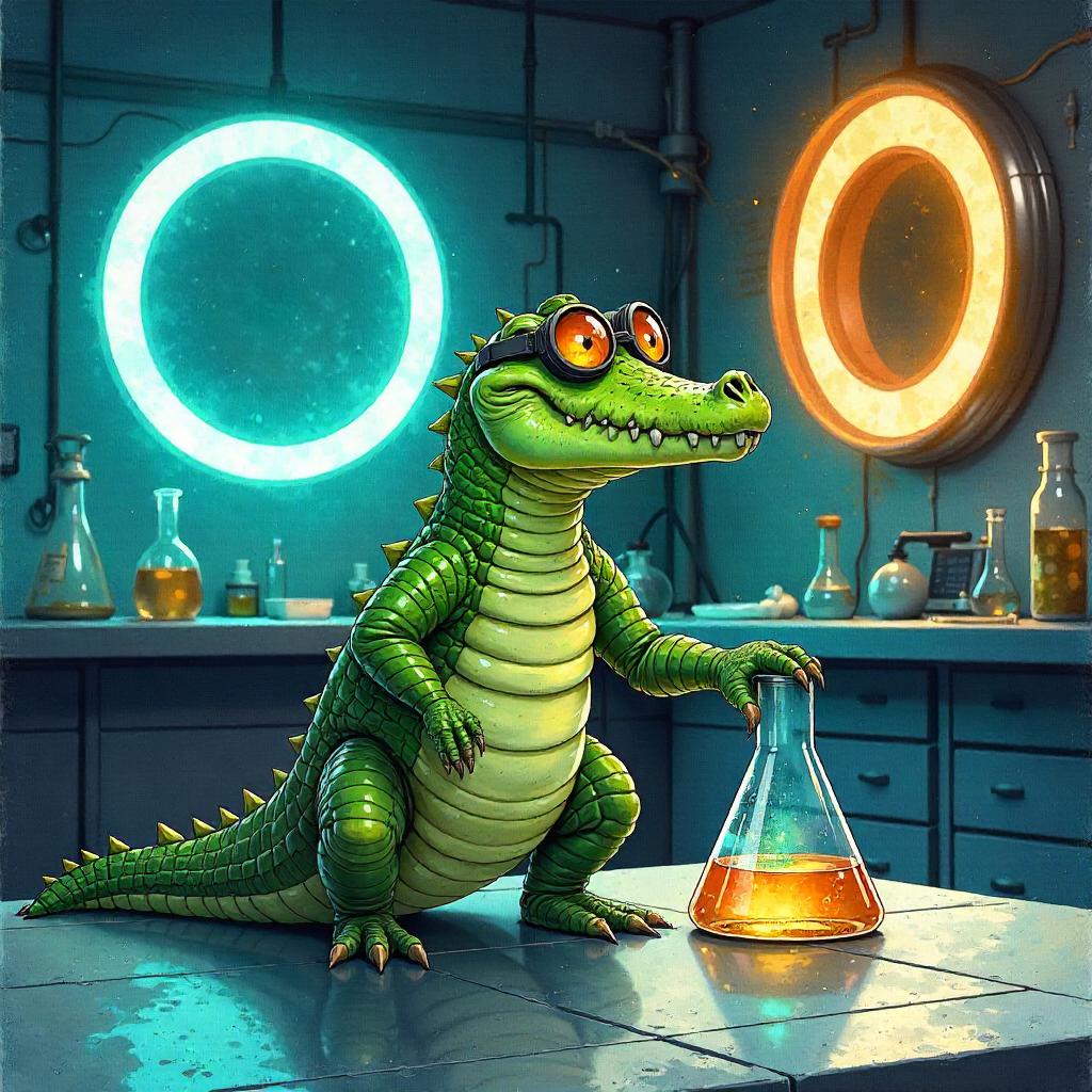 Watercolor Crocodile in a Portal Lab
