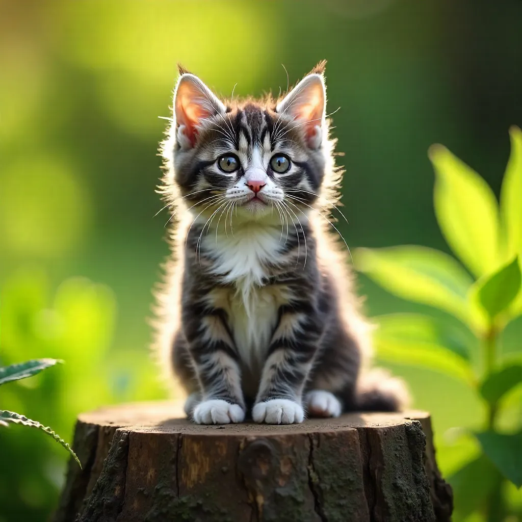 Cozy Gray-White Kitten on a Wooden Stump