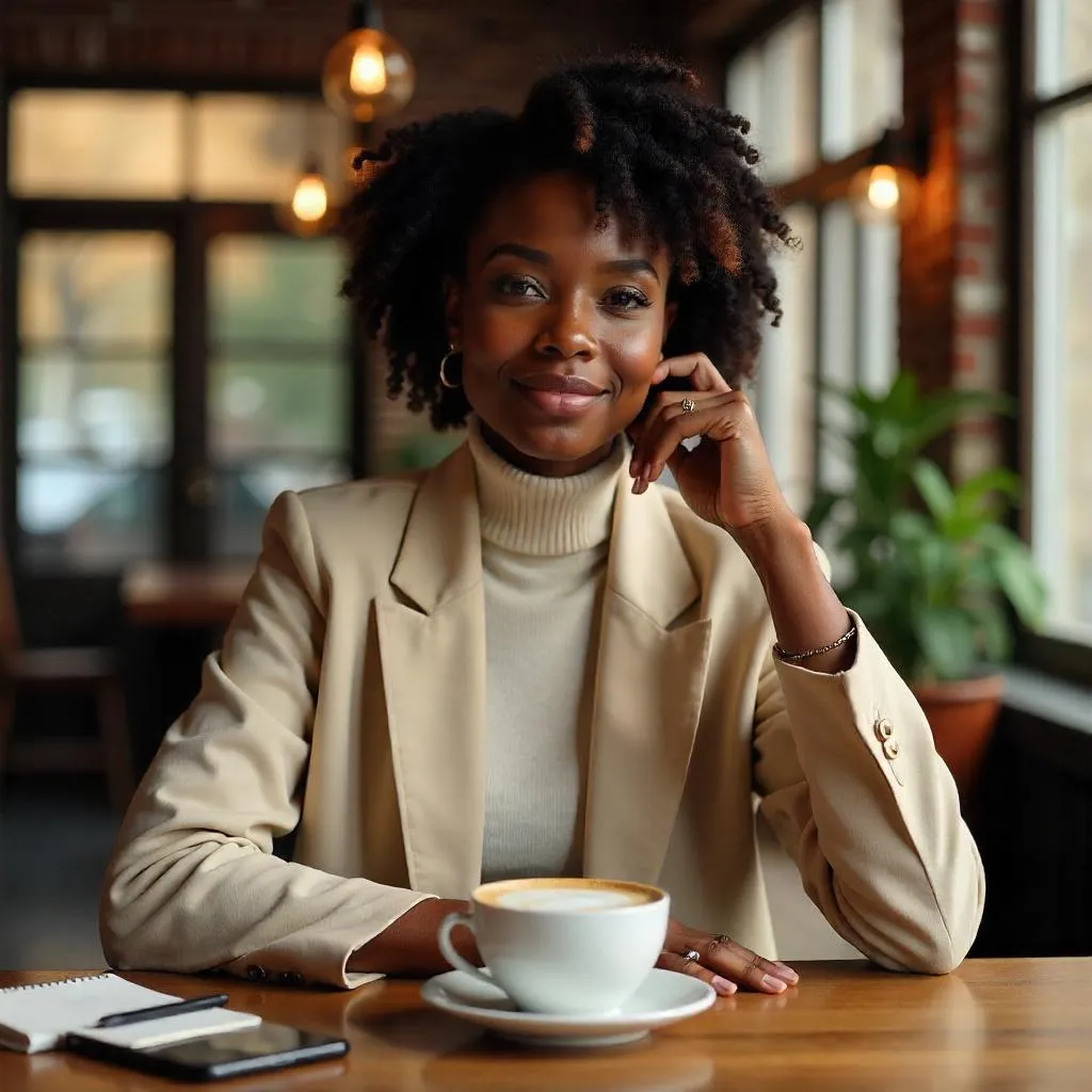 Photorealistic Stylish Black Woman in a Coffee Shop