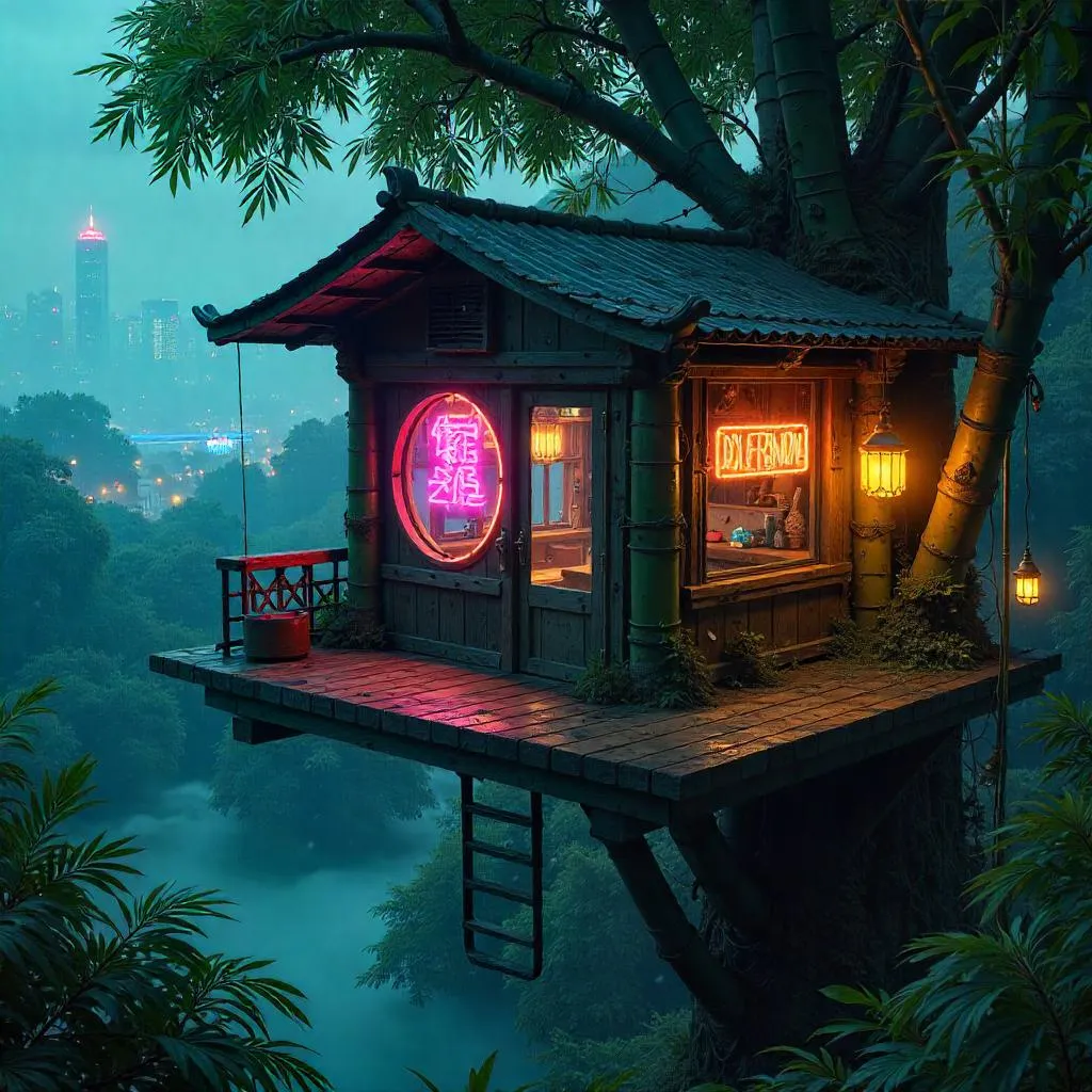 Neon Bamboo Treehouse in Cyberpunk Grove