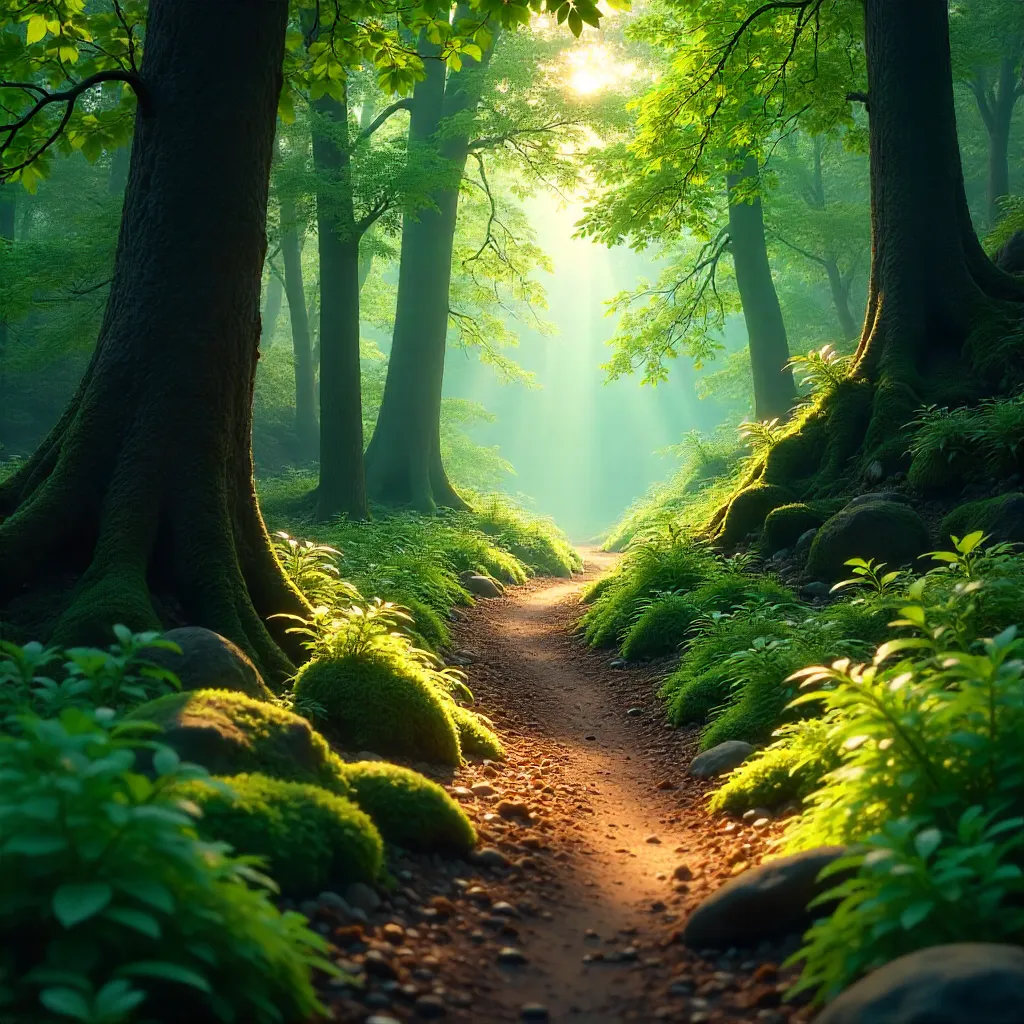 Tranquil Forest Pathway Through Dense Foliage
