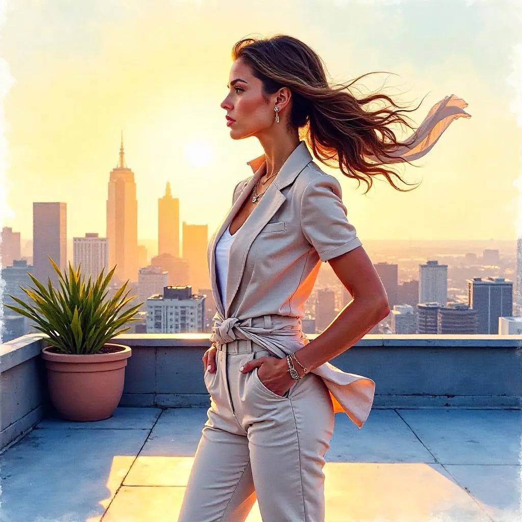 Confident White Woman on a Rooftop in Watercolor