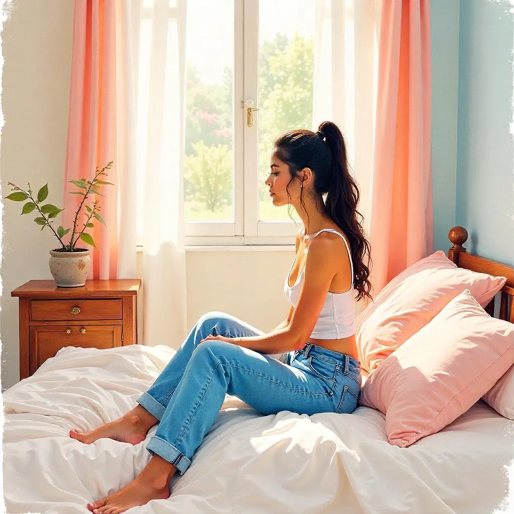 Watercolor Bedroom Portrait of a Latina Woman