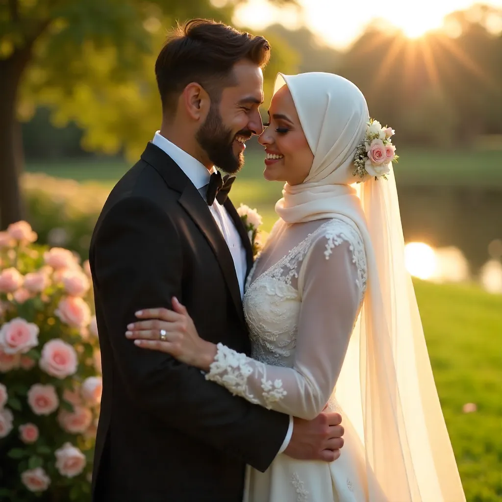 Joyful Hijab Bride and Groom Outdoors
