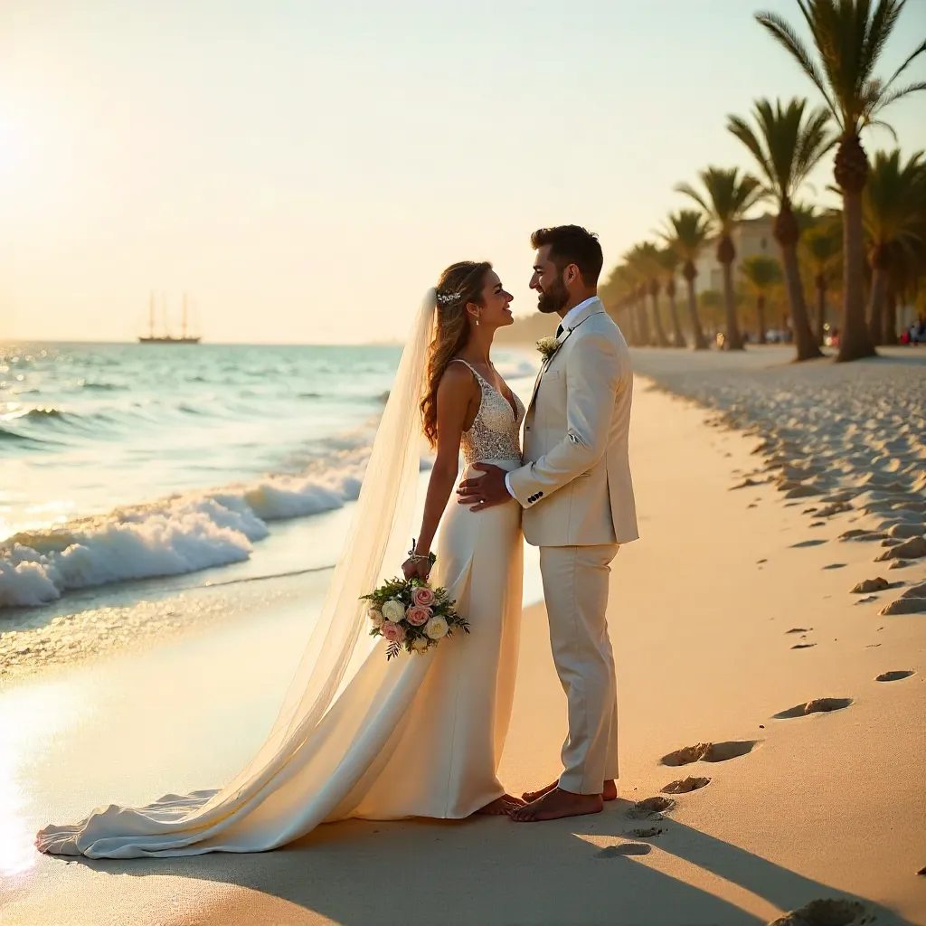 Romantic Egyptian Beach Wedding Moment at Dusk