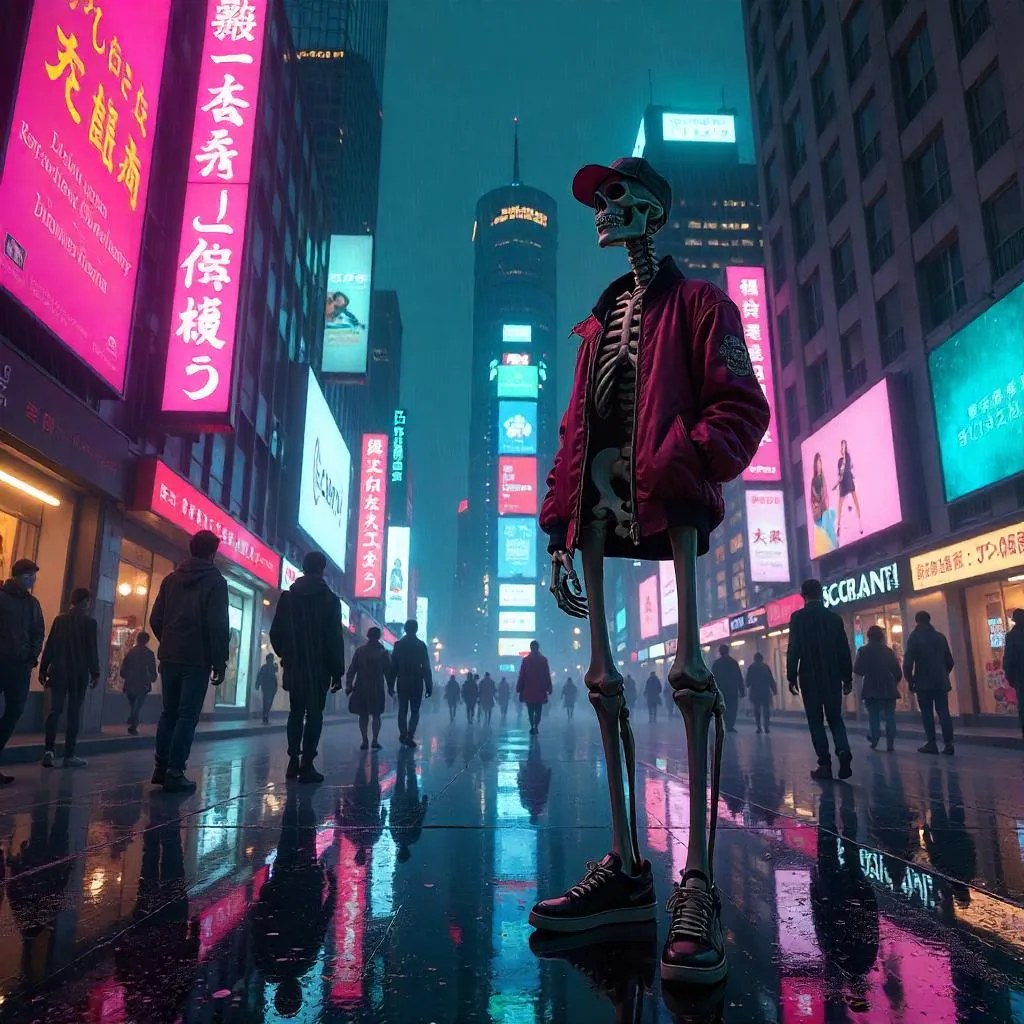 Neon Skeleton in a Bustling City Street