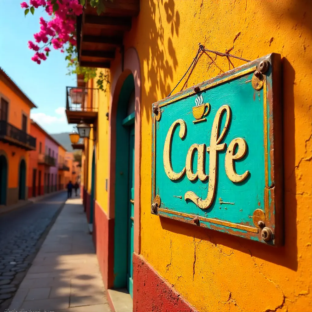 Vibrant Café Sign on Orange Wall in San Miguel de Allende