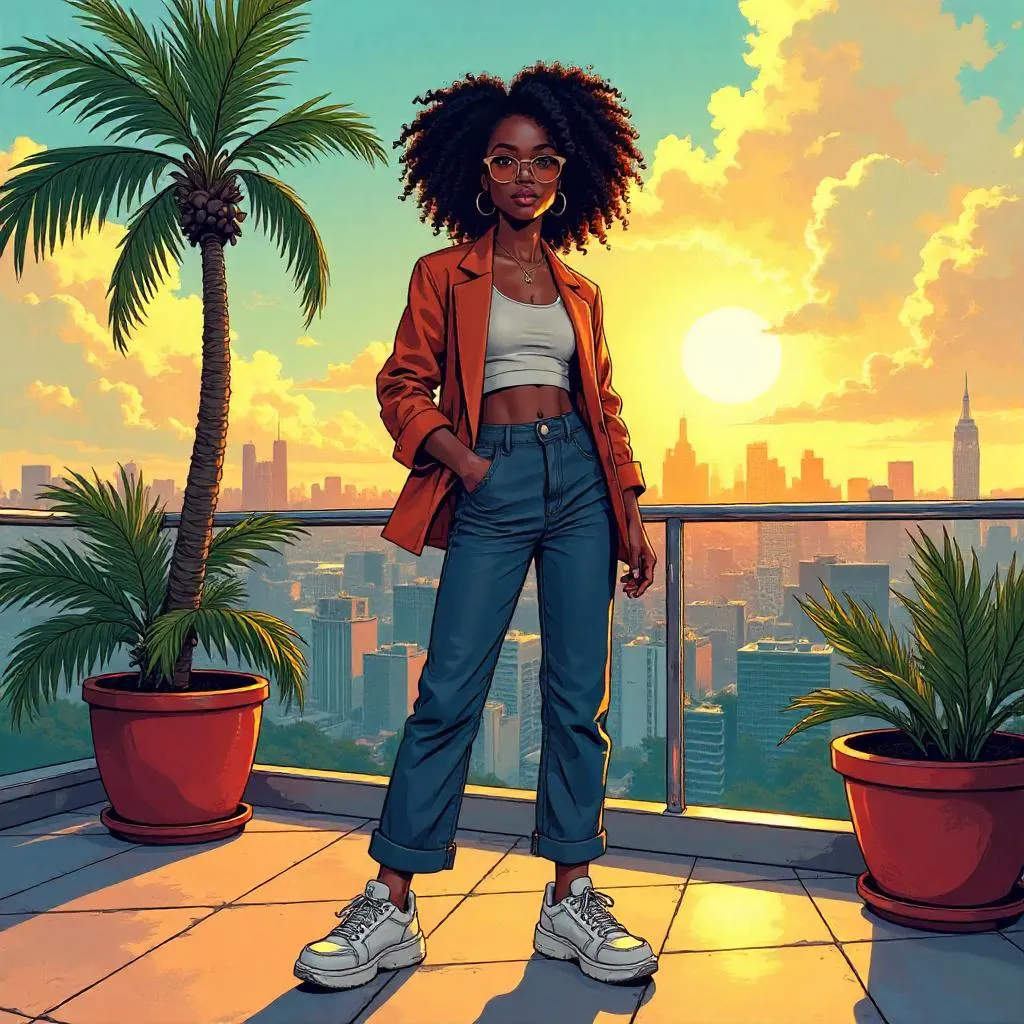 Stylish Black Girl on a Terrace - Comic Style