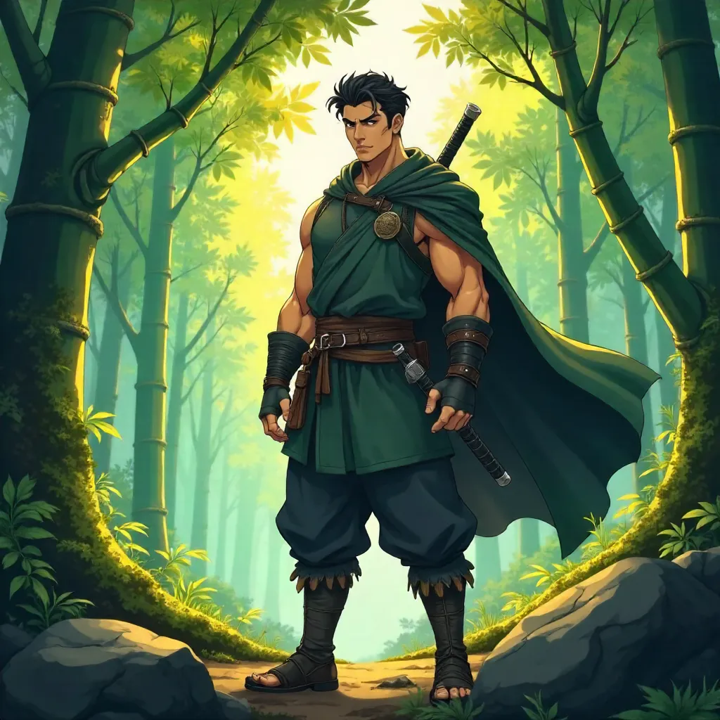Forest Warrior: Strong Asian Man in Anime Style