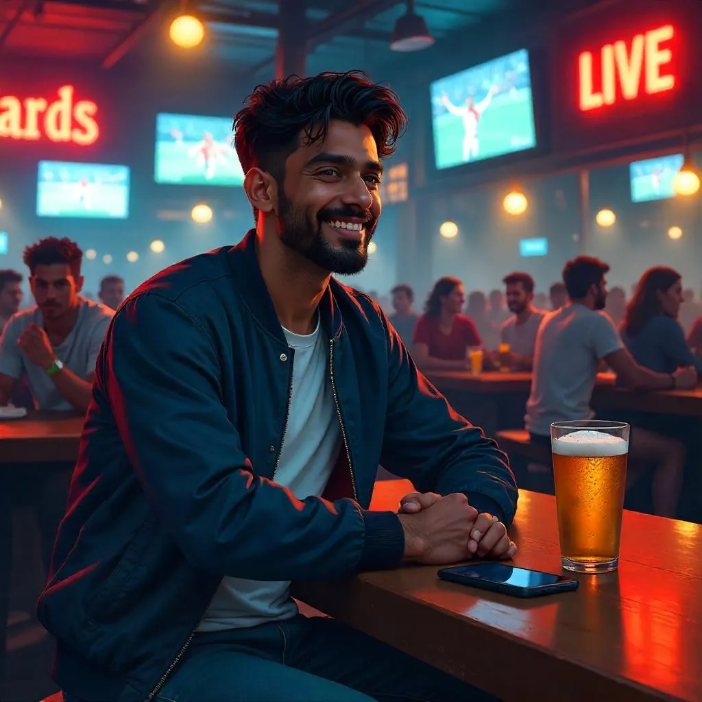 Neon Night: Young Indian Man in a Sports Bar