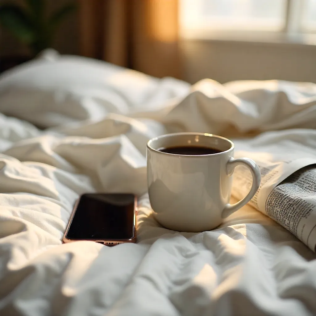 Cozy Morning: Coffee, Phone, and Newspaper on Bed