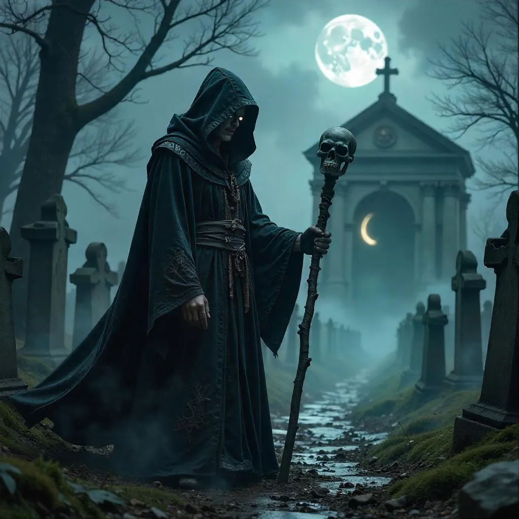Photoreal Necromancer in a Moonlit Graveyard