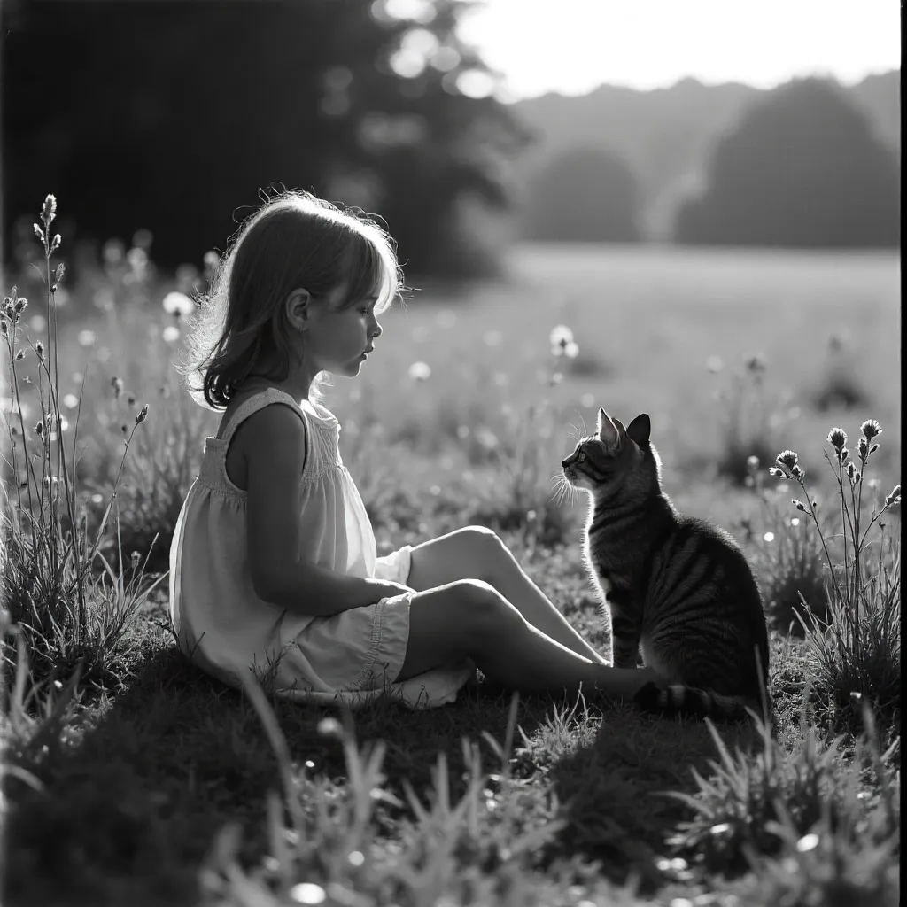 Monochrome Meadow Moment: Girl and Cat Outdoors