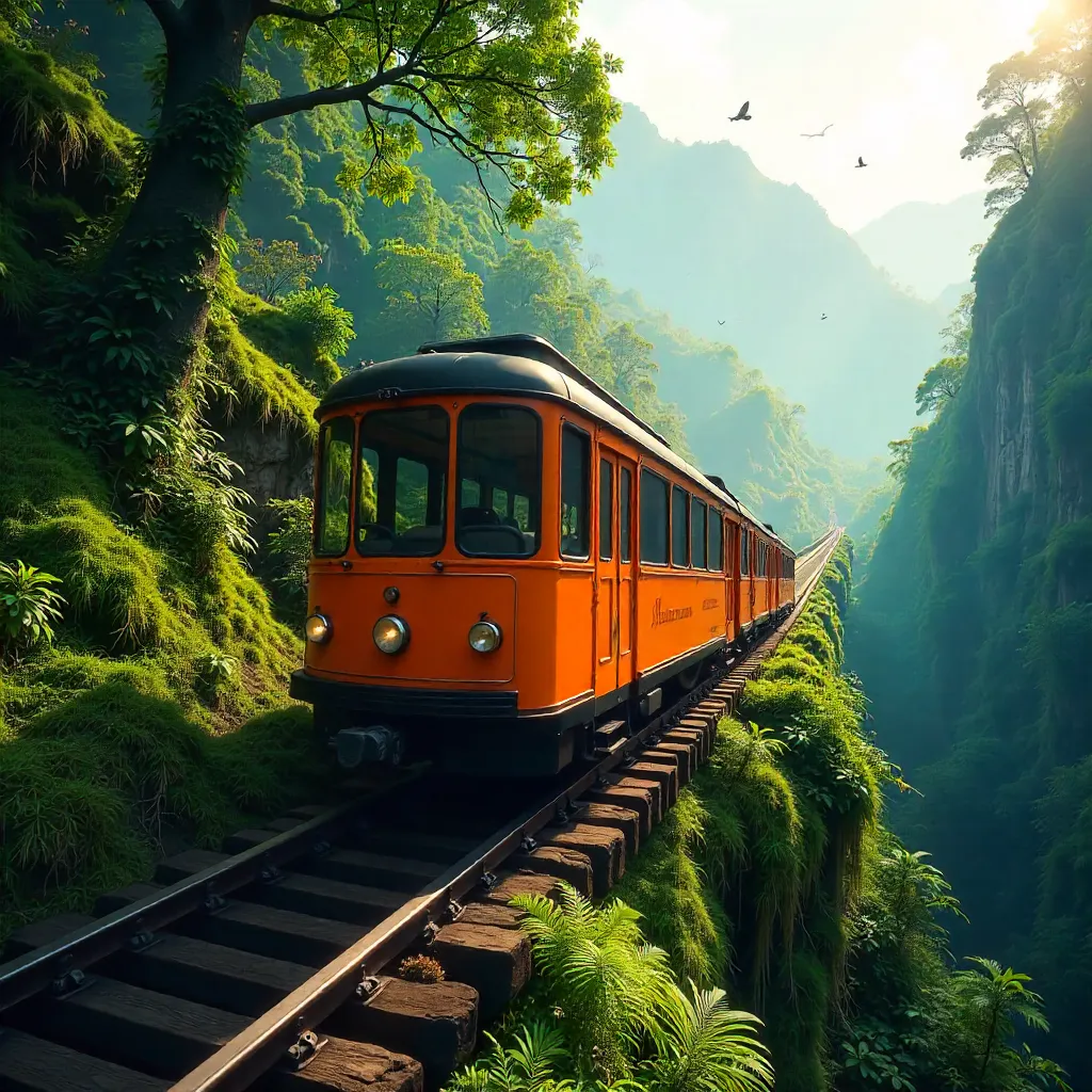 Orange Funicular Ascending Through Verdant Forest