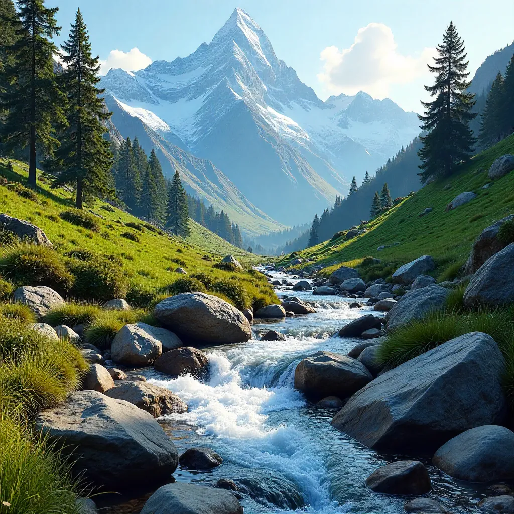 Peaceful Mountain Stream in a Snowy Valley