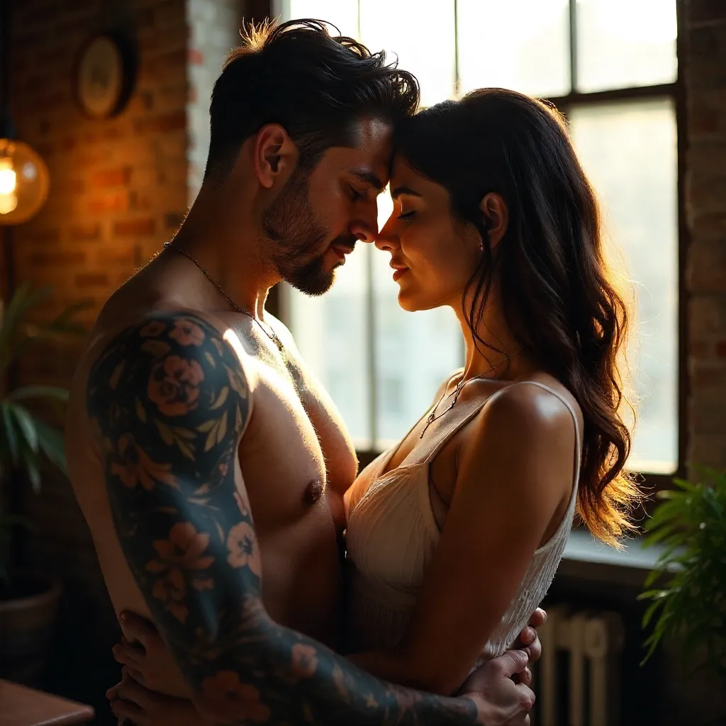 Intimate Modern Romance: Tattooed Lovers Embrace