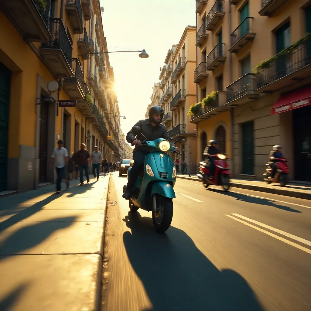 Barcelona Motion Blur: Scooter Rider Through Bustling Streets