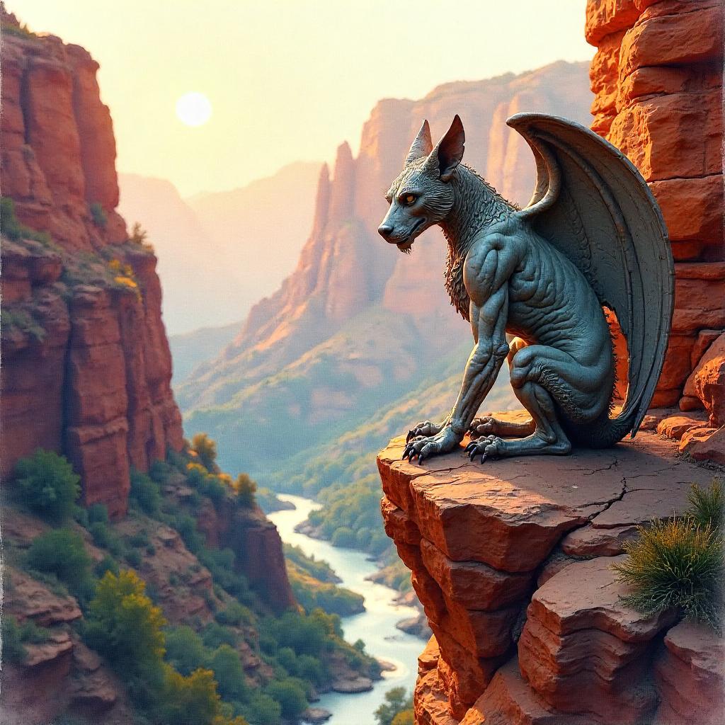 Watercolor Gargoyle Guard in a Canyon