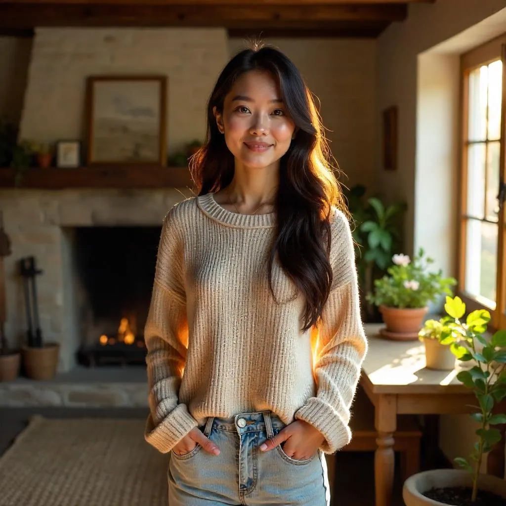 Cozy Cottage Portrait: Adult Asian Woman in Warm Light