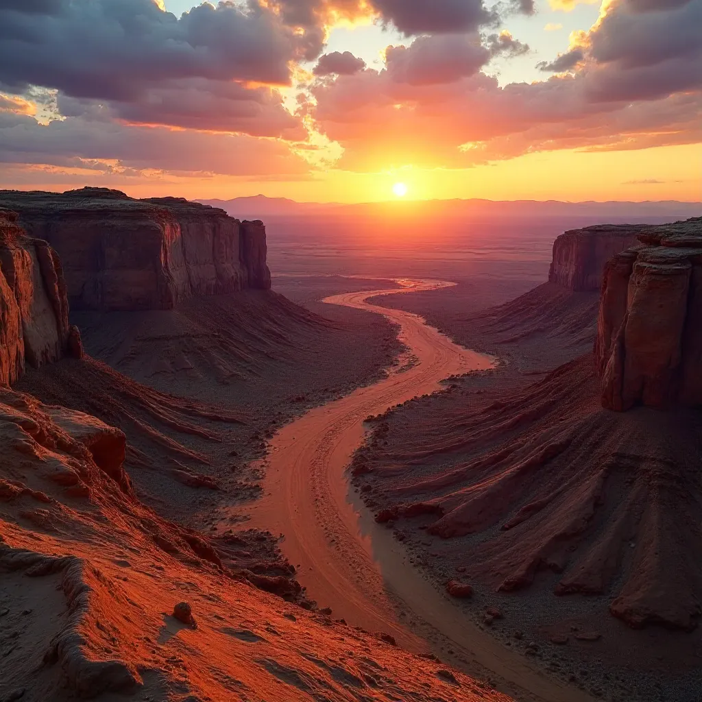 Aerial Sunset Over Rugged Desert Horizons